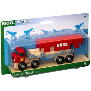 The 33657 Lumber Truck is ready to transport some serious loads around the BRIO World. This long, red semi-truck and detachable trailer features a hidden engine that can be found when the semi-truck cabin is tilted forward, as well as a magnet on the rear end of the trailer to connect to any BRIO World wagon.