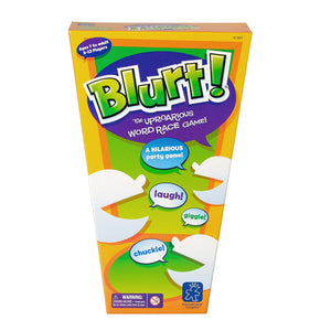 Blurt!.The hilarious game of rapid word recall!. Blurt!. is a great vocabulary builder for kids, a hilarious addition to adult parties, and a must for family game night. Includes junior version for ages 7 to 9. For 3 to 12 play.rs or teams.How to play.. play.rs take turns reading clues aloud.2. All play.rs blurt out answers.3. The first play.r to answer correctly moves ahead on the board.4. Reach finish first and you win!.SMALL PARTS [1]. Not for < 3 yrs.Ages 7 to Adult/Grades 2+.