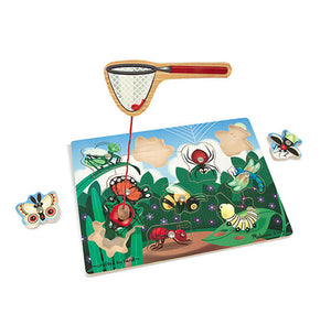 This magnetic wooden puzzle game features a garden full of attractive bugs and insects! Use the magnetic butterfly net to "capture" the 10 bug buddies from the game board. Then enjoy the challenge of returning them to their preferred perch!