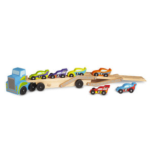 This giant hauler comes stocked with six unique cars and unlimited play possibilities! Lower the upper deck to let the fleet of race cars roll off of the truck and race around - kids will be building motor skills as they play. With a variety of colors, designs, and numbers on the sides, they'll naturally be sorting, sequencing, and grouping, as well, building important cognitive skills too. But ask any kid what's so great about this big truck full of race cars and they'll give you an even better answer: It'