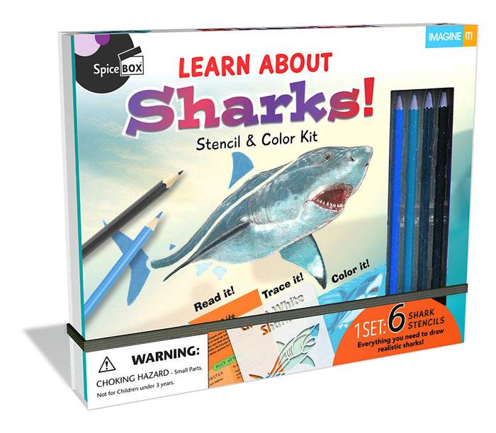 SpiceBox - 10359 | Imagine It: Learn and Draw - Sharks (Stencil & Coloring Kit) V2