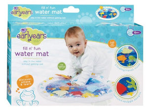 The play mat includes 6 fun friends sandwiched inside the water chamber...starfish, octopus, sea horse, turtle and 2 fish. A fun activity to encourage tummy time! Simply fill the inflatable edge of the mat with tap water and kids can have hours of tactile and visual fun! The play mat is made from heavy gauge plastic which resists leaks and tears. Measures 20" x 17" It folds flat when the water and air are let out which makes it a great take-along toy that easily fits into a diaper or toy bag. All Early ears